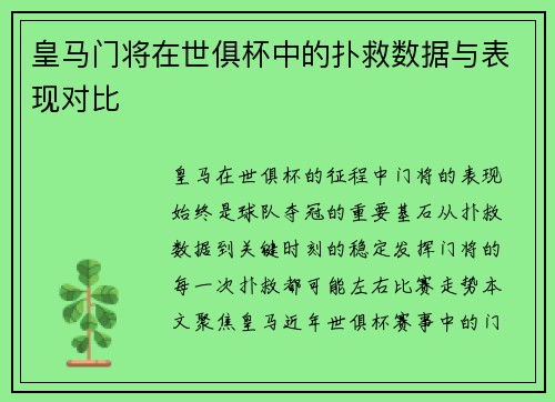皇马门将在世俱杯中的扑救数据与表现对比